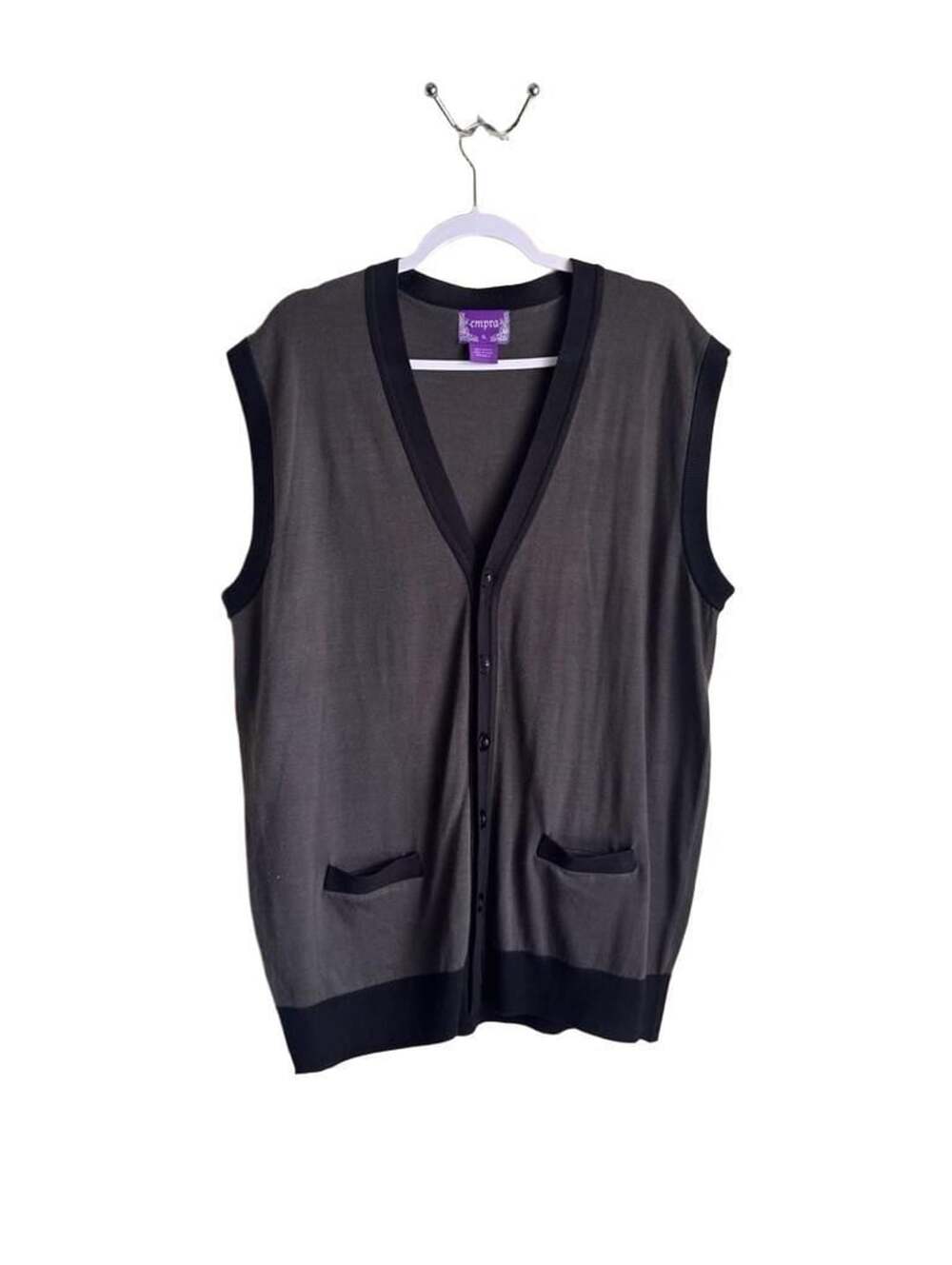 Empra Button Sweater Vest Size XL Gray Black V-Neck Knit